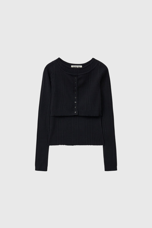 General Idea WOMAN Boatneck Cardigan Sleeveless Set [BLACK]
