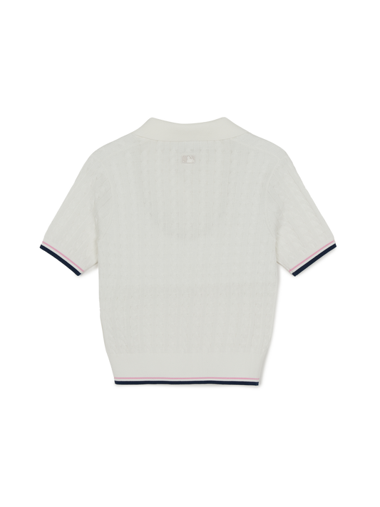 MLB Women's Varsity Cable Open Collar Short Sleeve Knit Pullover