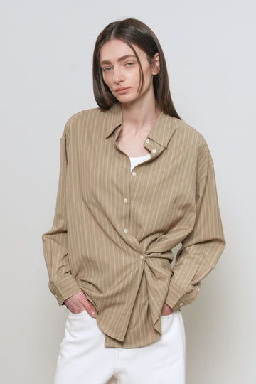 General Idea [General Idea PICK] Women's Loose Fit Button Wrap Stripe Shirt [BEIGE]