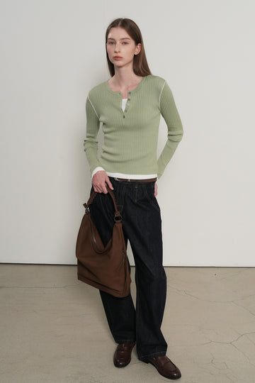 General Idea WOMAN Henley Neck Layered Knit Pullover [PISTACHIO]