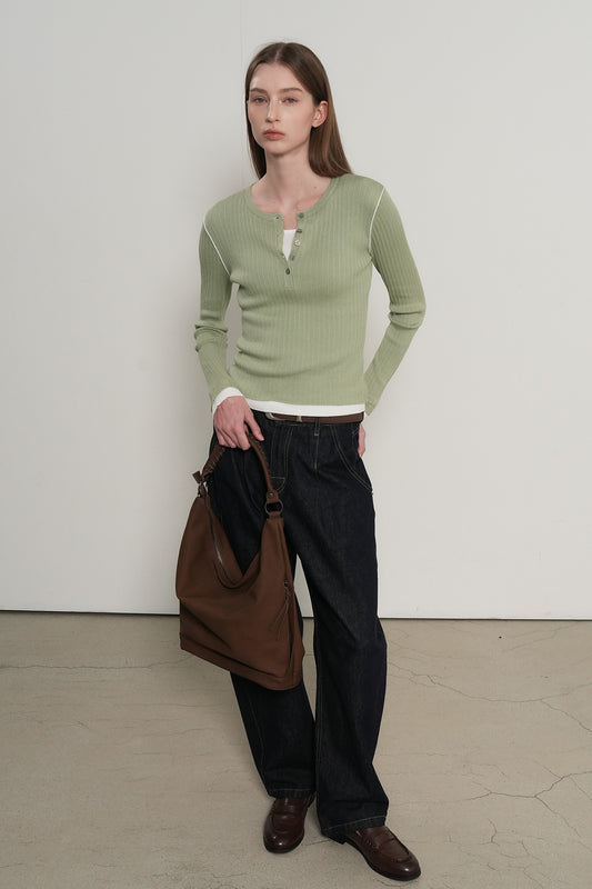 General Idea WOMAN Henley Neck Layered Knit Pullover [PISTACHIO]