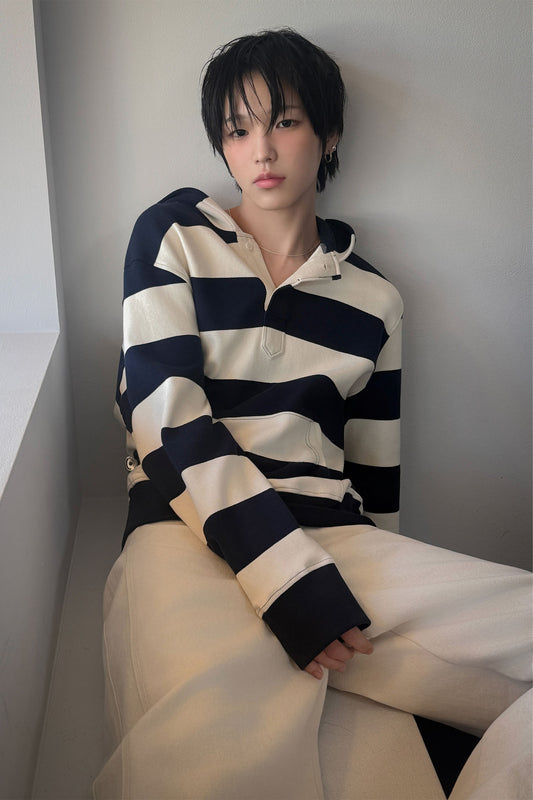 General Idea UNISEX Open Button Stripe Hoodie