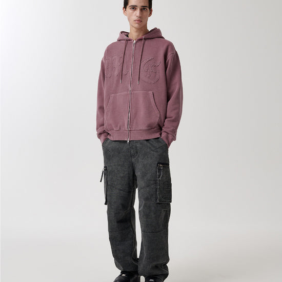 Mahagrid Big Gothic Cut Off Pigment Zip-Up Hoodie in Burgundy