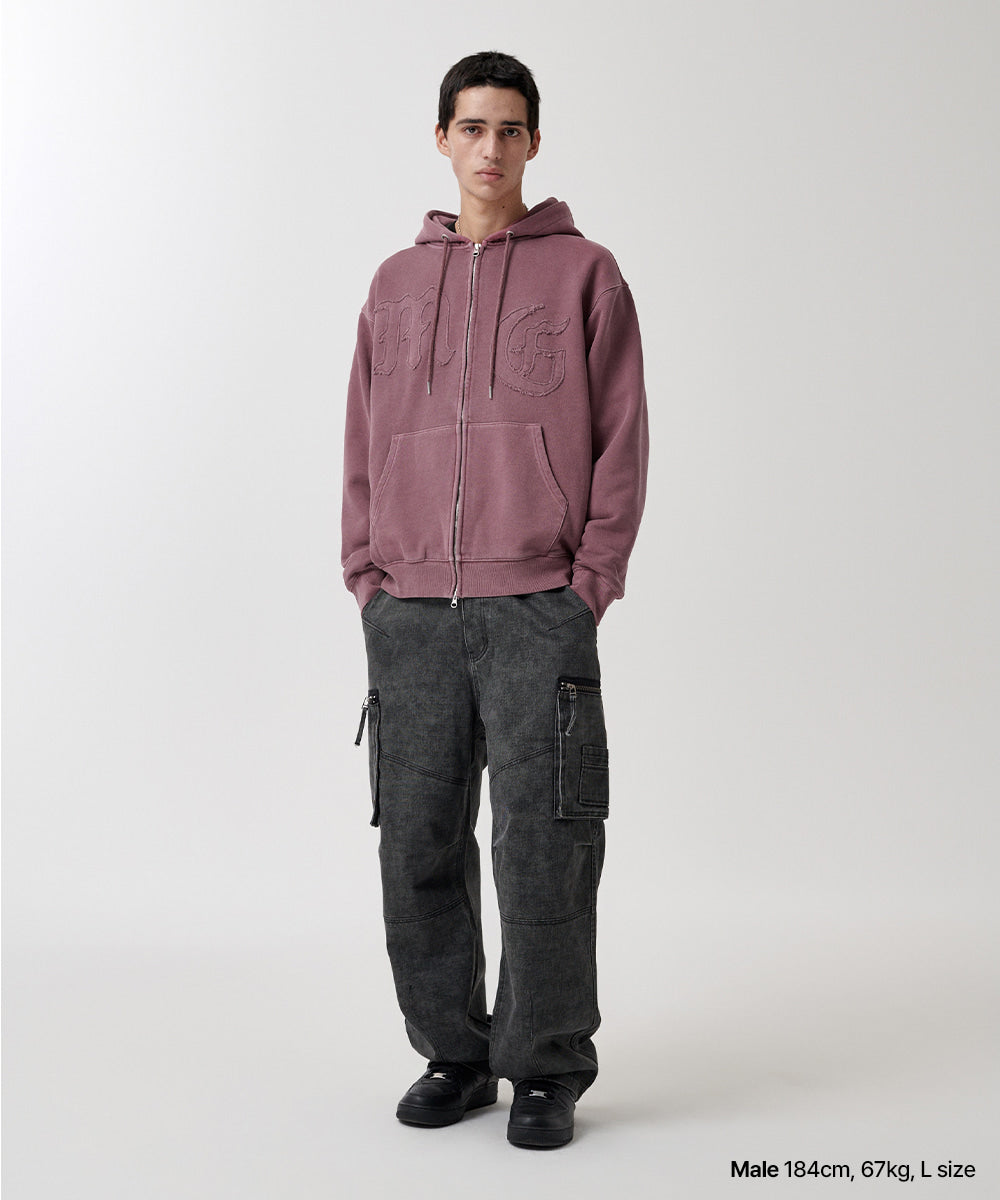 Mahagrid Big Gothic Cut Off Pigment Zip-Up Hoodie in Burgundy