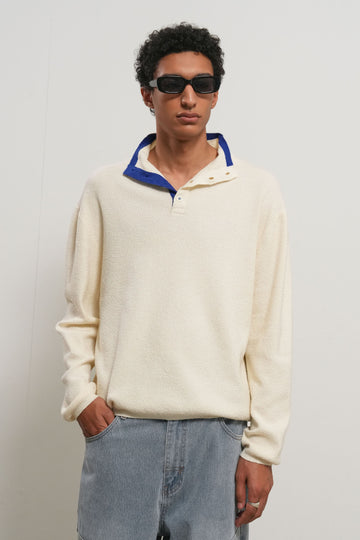 General Idea [XXL Exclusive] Unisex Colour-Block Collar Henry Neck Knit [Ivory]