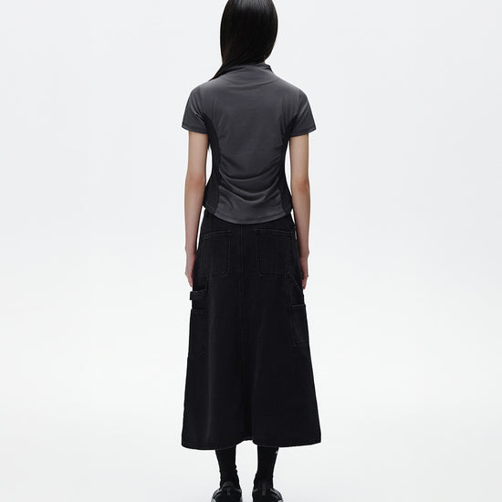 Mahagrid Shirring Half Zip-Up Jersey Tee