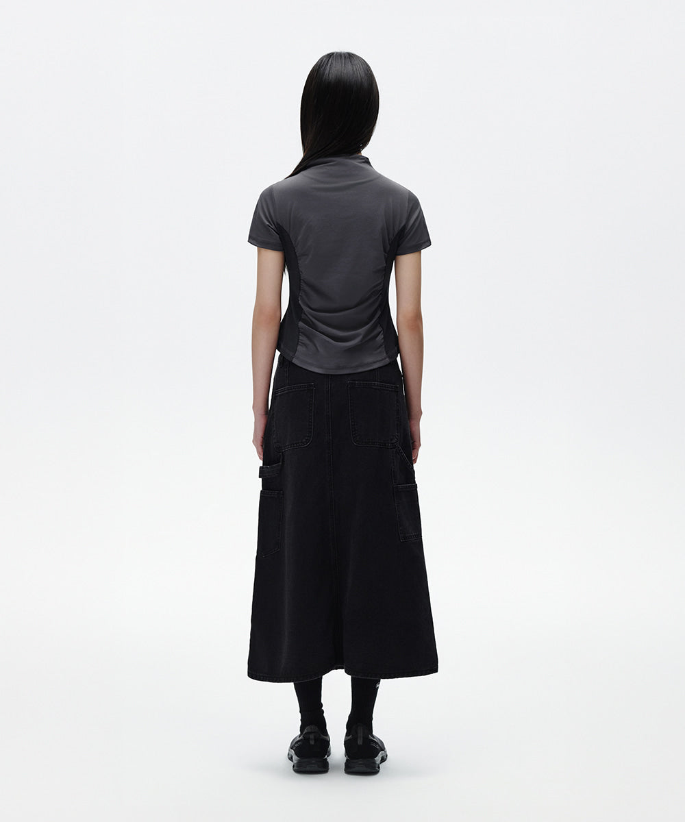 Mahagrid Shirring Half Zip-Up Jersey Tee