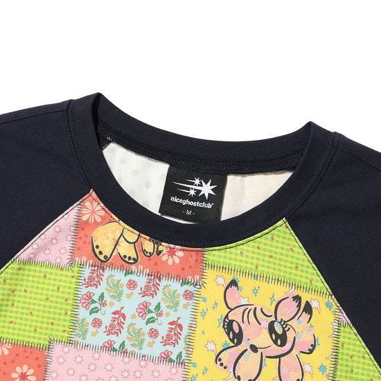 Nice Ghost Club Patchwork Quilted Printed 3/4 Sleeve Tee
