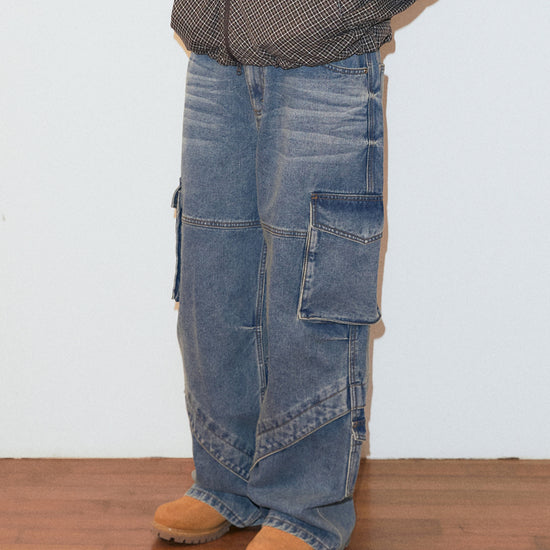 Mahagrid Wide Cargo Denim Pants [Blue]