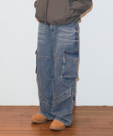 Mahagrid Wide Cargo Denim Pants [Blue]
