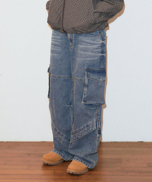 Mahagrid Wide Cargo Denim Pants [Blue]