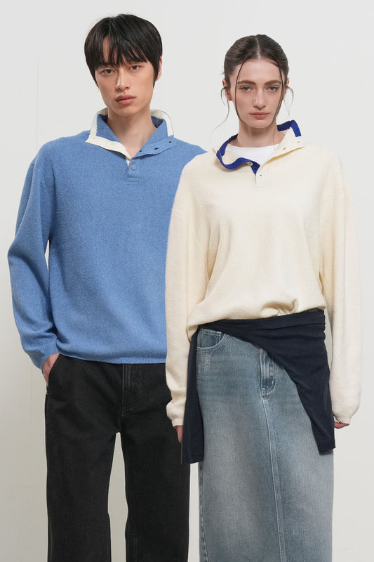 General Idea UNISEX Color-Block Collar Henley Neck Knit [3COL]