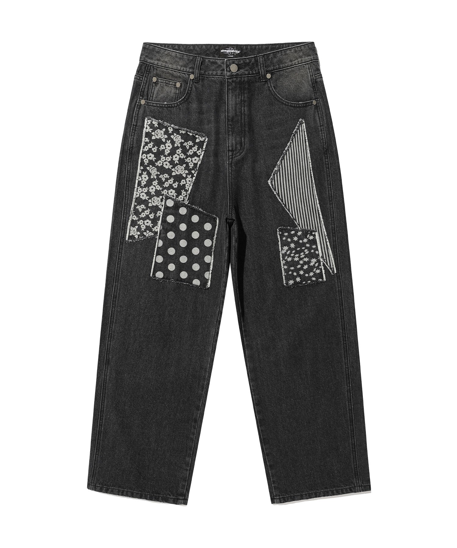 Nice Ghost Club Pattern Patchwork Wide Denim Pants