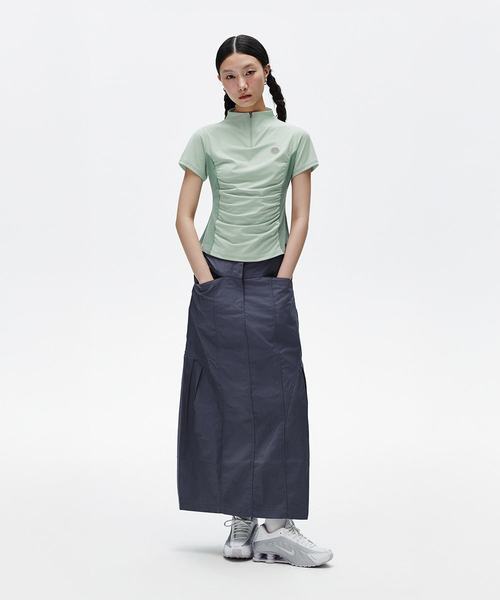 Mahagrid Shirring Half Zip-Up Jersey Tee