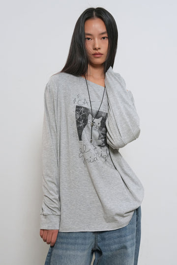 General Idea WOMAN Boat Neck Loose Fit Graphic T-Shirt [MELANGE GREY]