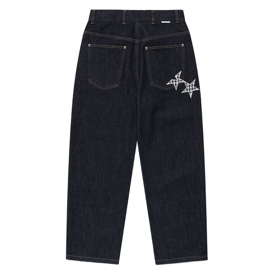 Cavish [Kyurin Styling] Check Applique Denim Pants [Blue]