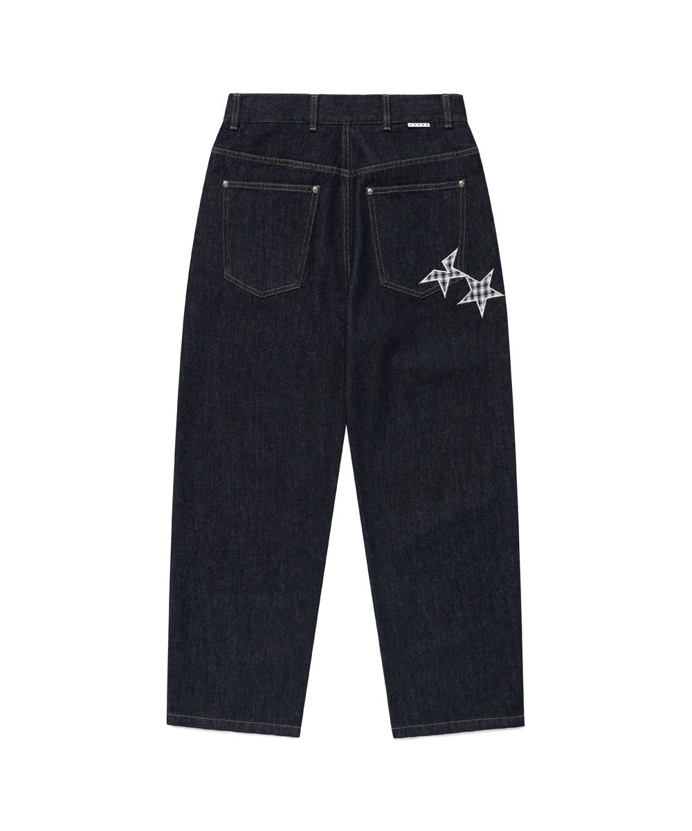 Cavish [Kyurin Styling] Check Applique Denim Pants [Blue]