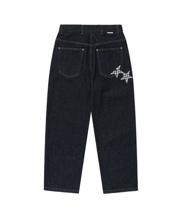 Cavish [Kyurin Styling] Check Applique Denim Pants [Blue]