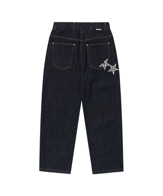 Cavish [Kyurin Styling] Check Applique Denim Pants [Blue]
