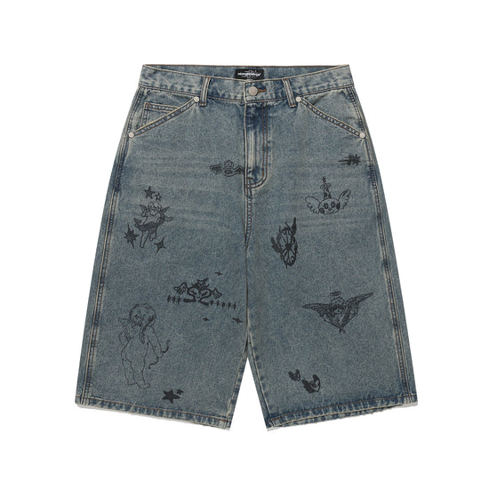 Nice Ghost Club Big Wide Bermuda Doodle Denim Pants