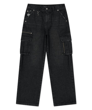 Mahagrid Washed Zip Cargo Denim Pant [Black]