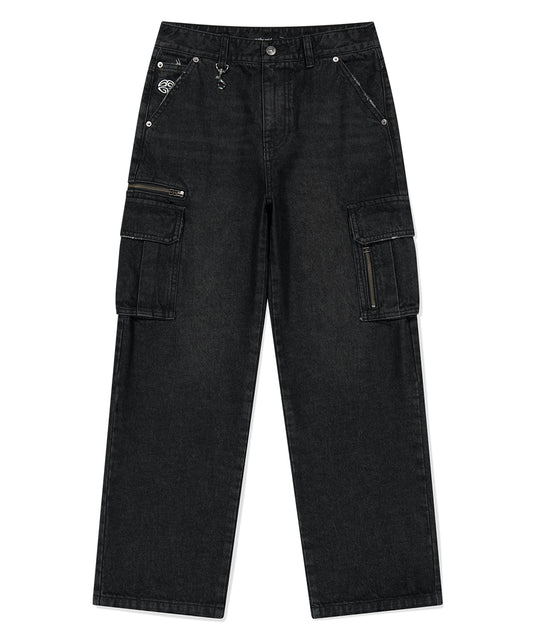 Mahagrid Washed Zip Cargo Denim Pant [Black]