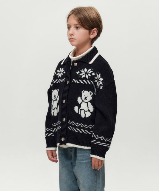 Marithé François Girbaud Kids Nordic Bear Knit Collar Cardigan Navy