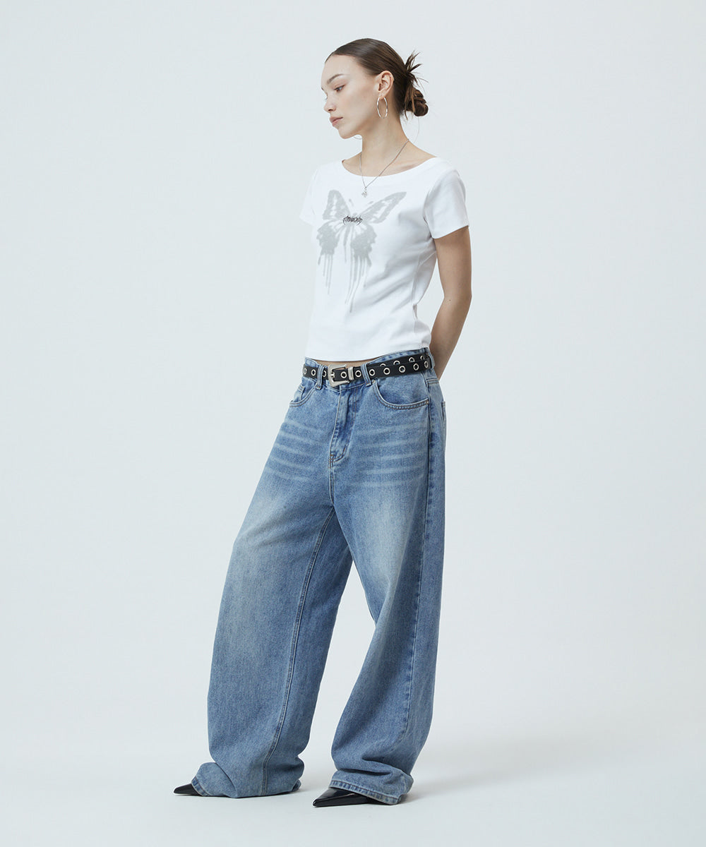 Mahagrid Butterfly Goth Wide Neck Crop Tee