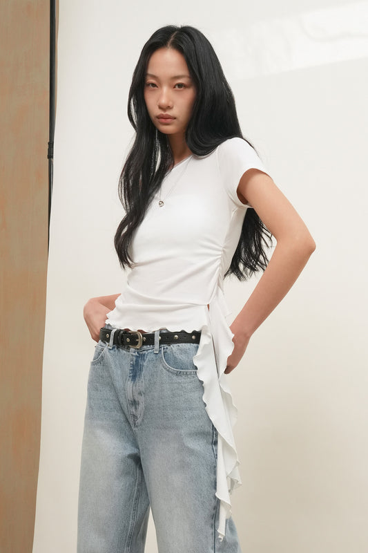 General Idea WOMAN Mesh Trim One-Shoulder T-Shirt [WHITE]