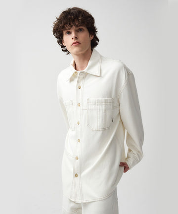 Marithé François Girbaud Oversized Patchwork Denim Shirt Jacket Ecru