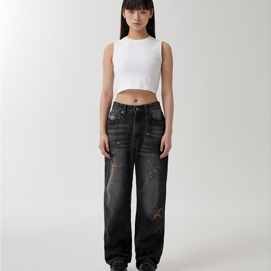 Mahagrid Star Flared Denim Pants [Black]