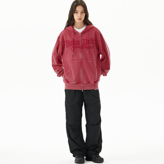 Mahagrid Washed Cut Off Applique Hood Zip Up