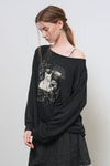 General Idea WOMAN Boatneck Loose Fit Graphic Long Sleeve T-Shirt [BLACK]