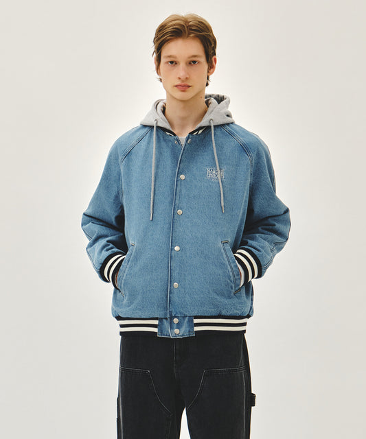 Marithé François Girbaud CLASSIC LOGO RAGLAN DENIM VARSITY JACKET light blue