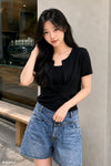 General Idea WOMAN Temperature-Cut Crew Neck Half Cardigan [BLACK]