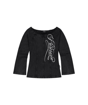 Mahagrid Washed Cut Out Present Off Shoulder Tee in Black