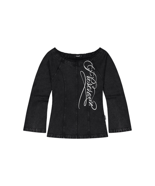 Mahagrid Washed Cut Out Present Off Shoulder Tee in Black