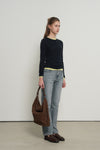 General Idea WOMAN Airy Round Neck Pin Tuck T-Shirt [NAVY]