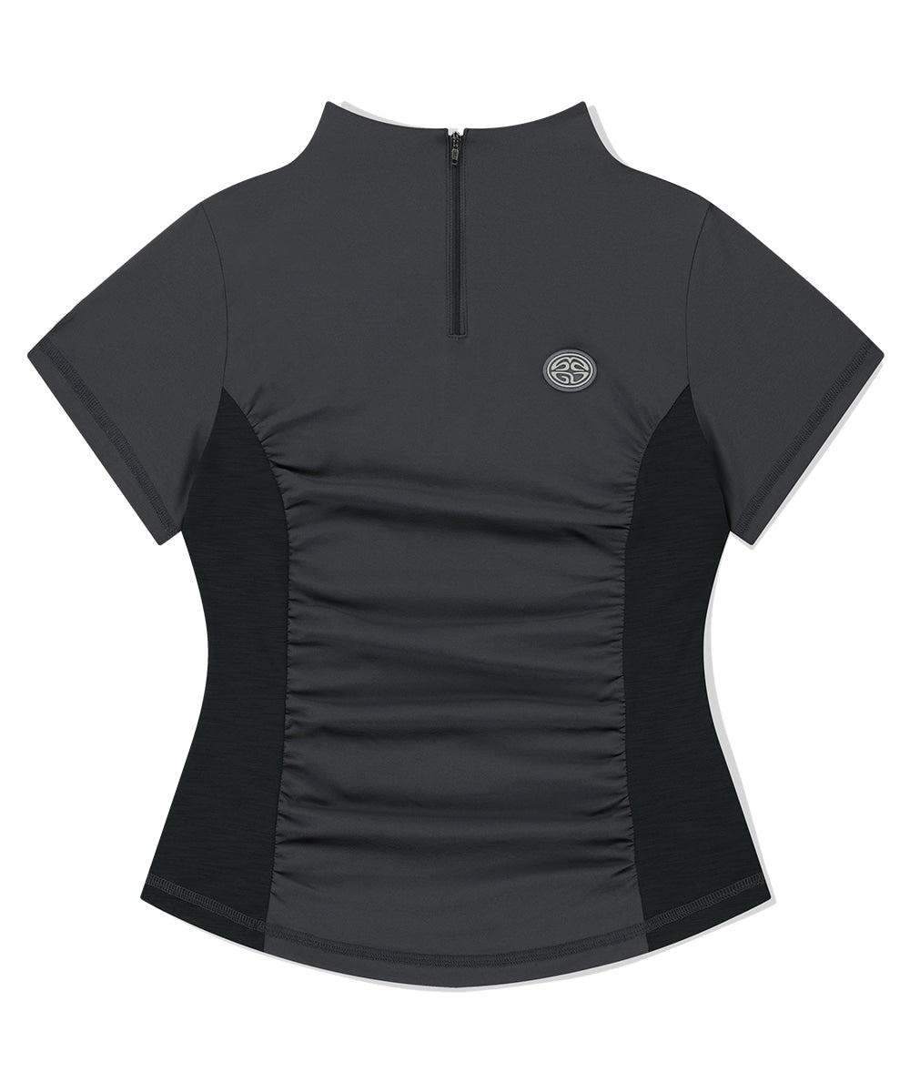 Mahagrid Shirring Half Zip-Up Jersey Tee