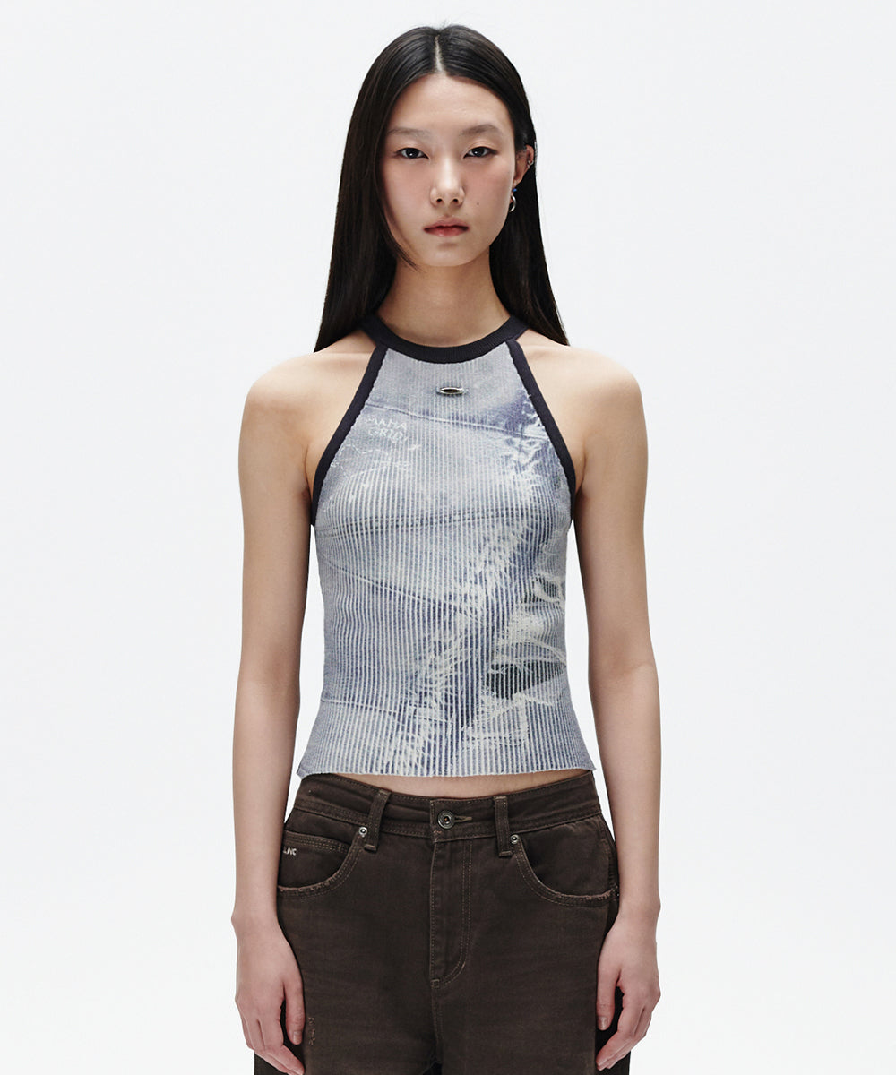 Mahagrid Denim Printed Halter Knit