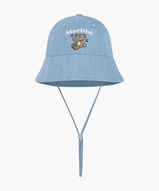 Marithé François Girbaud Kids Bear Embroidery Round Bucket Hat Light Blue