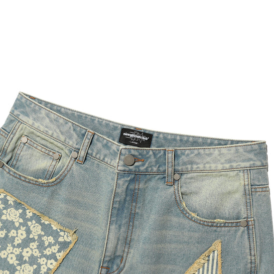Nice Ghost Club Pattern Patchwork Wide Denim Pants