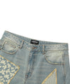 Nice Ghost Club Pattern Patchwork Wide Denim Pants