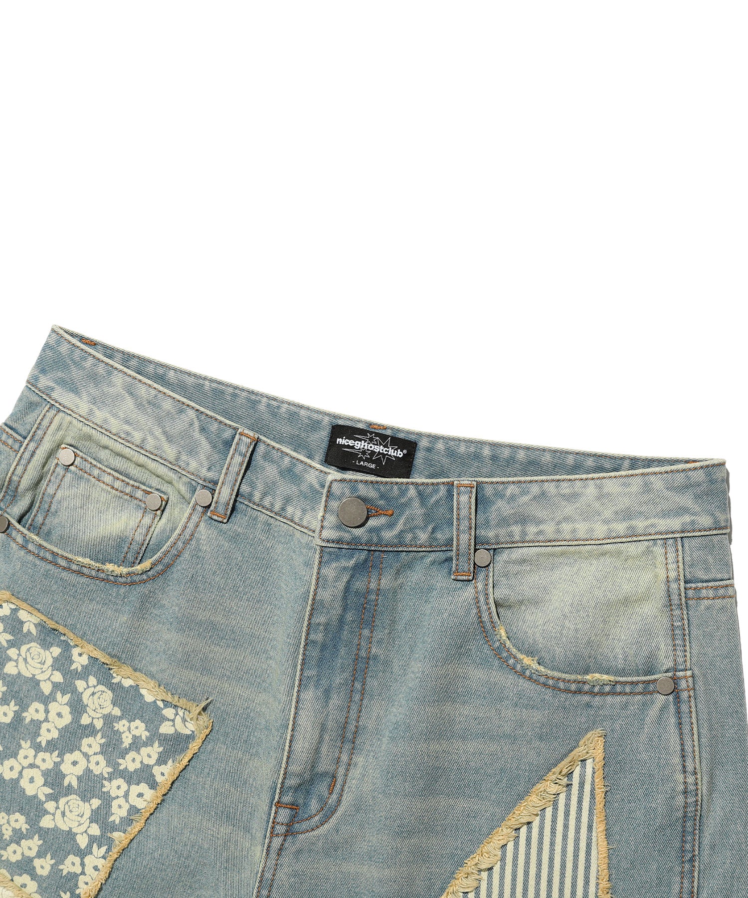 Nice Ghost Club Pattern Patchwork Wide Denim Pants