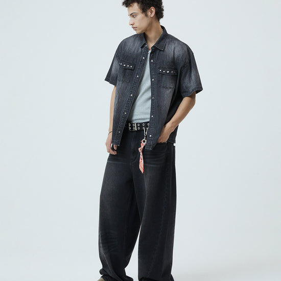 Mahagrid Denim Stud Half Shirt [Black]