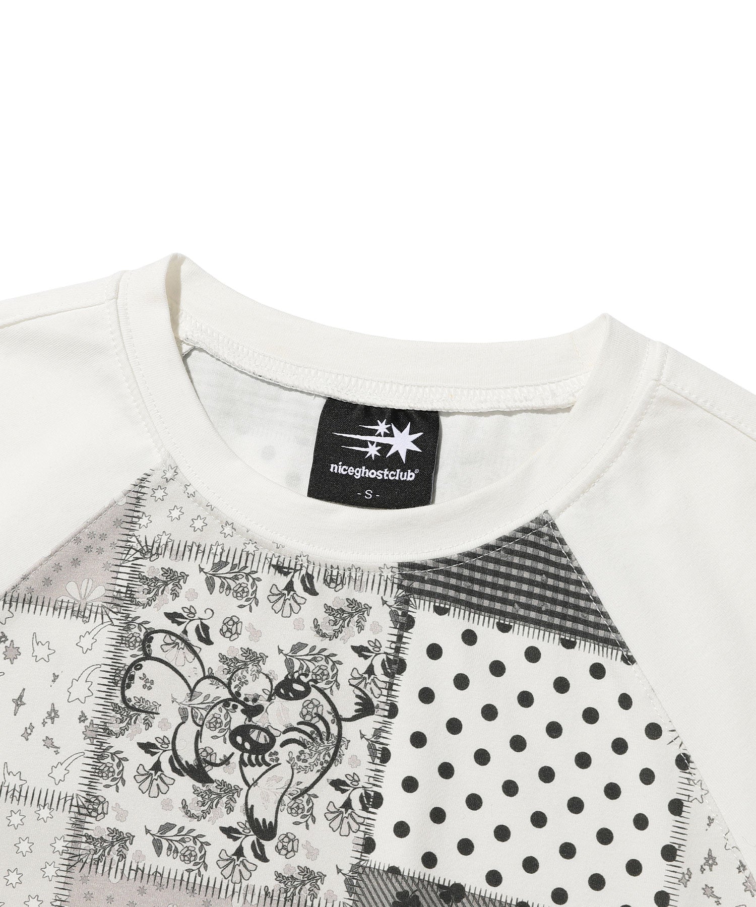 Nice Ghost Club Patchwork Quilted Printed 3/4 Sleeve Tee