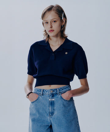 Marithé François Girbaud Women's Open Collar Crop Half Knit in Navy