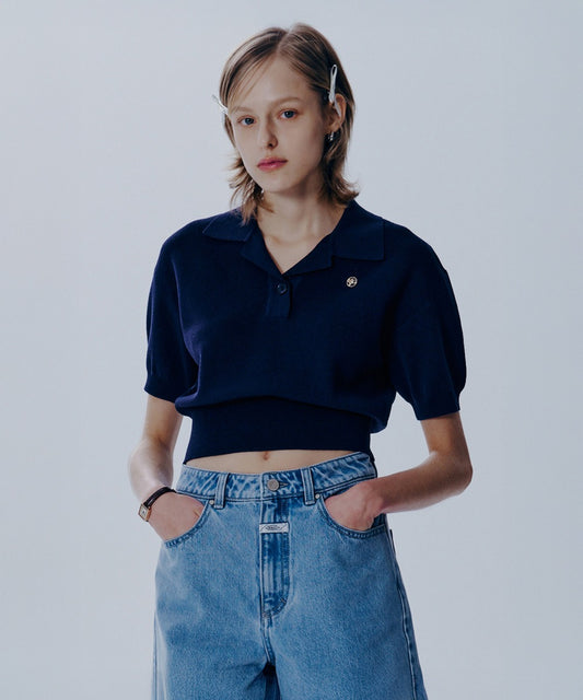 Marithé François Girbaud Women's Open Collar Crop Half Knit in Navy