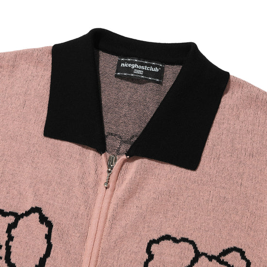 Nice Ghost Club Juggling Skeletons Half Knit Zip Up Polo [Pink]