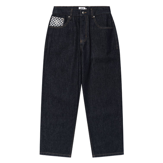 Cavish [Kyurin Styling] Check Applique Denim Pants [Blue]